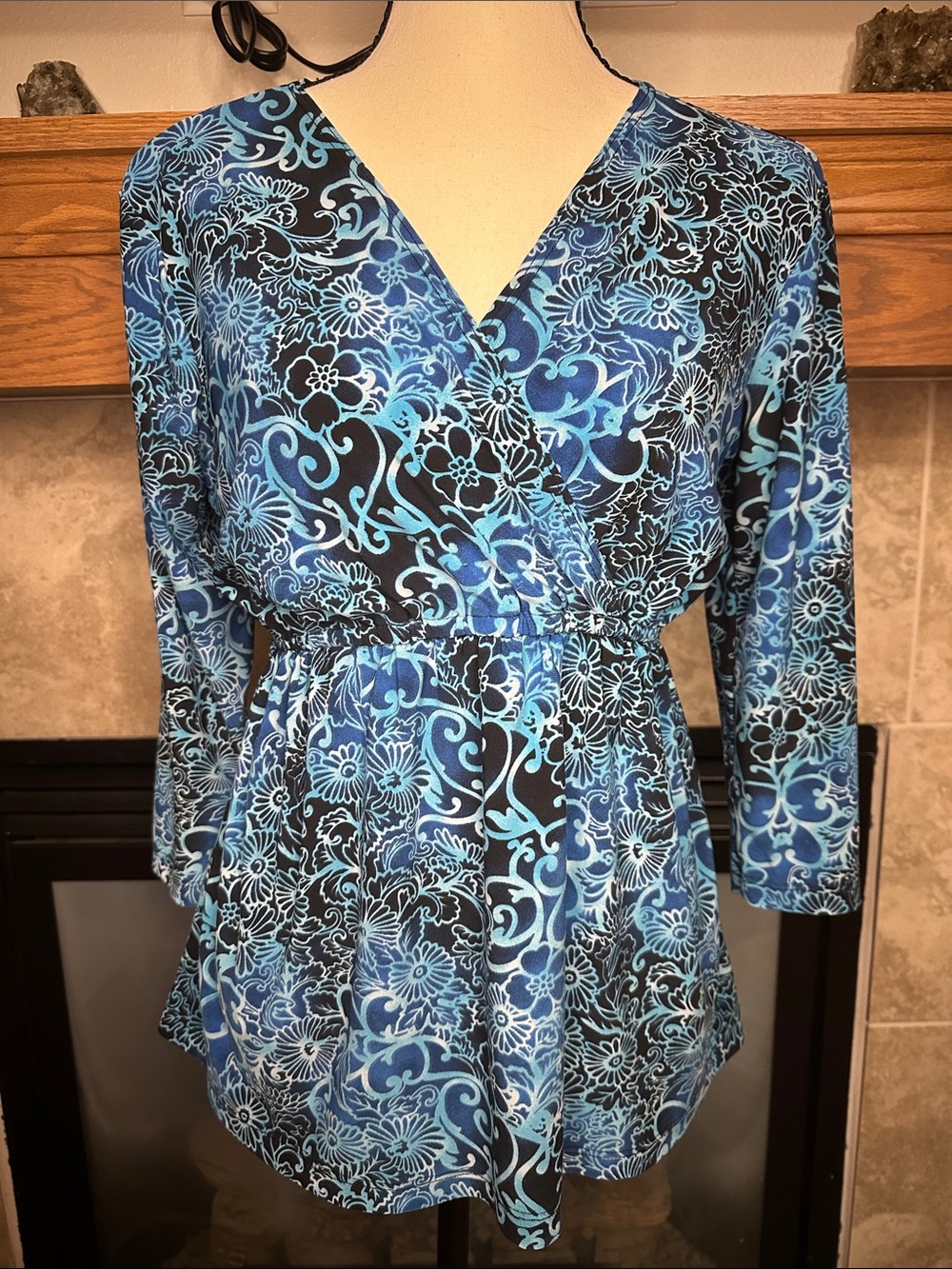 Susan Lawrence Y2K Blue Floral Empire Waist Blouse Surplice V Neck Top Size S